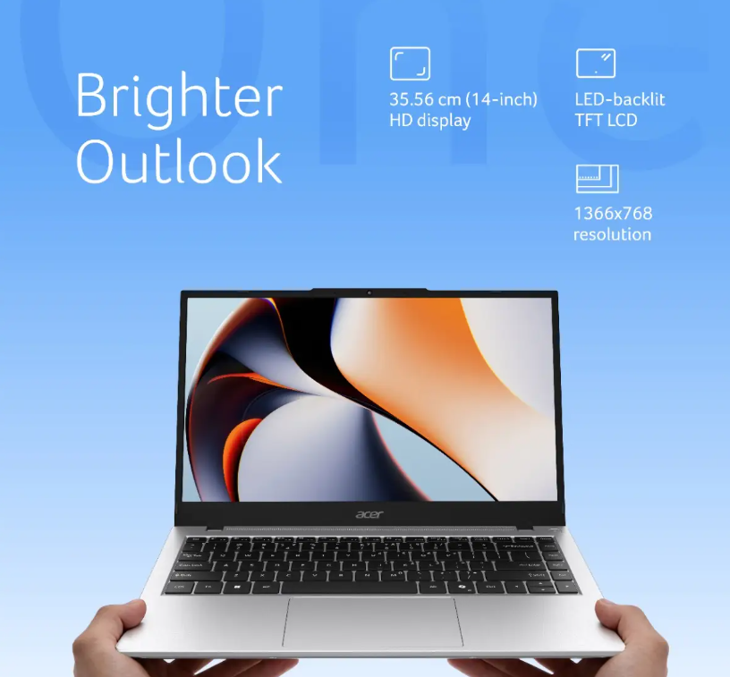 Acer Smartchoice Aspire One,AMD Ryzen 3-7320U, Windows 11 home , 8GB LPDDR5 RAM/ 256GB SSD, 14.0"/35.56cm TN HD Display, Win 11 Home, Pure Silver,Thin and Light Laptop