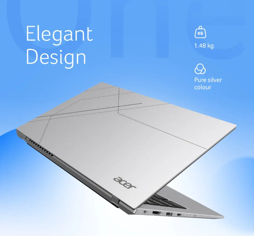 Acer Smartchoice Aspire One,AMD Ryzen 3-7320U, Windows 11 home , 8GB LPDDR5 RAM/ 256GB SSD, 14.0"/35.56cm TN HD Display, Win 11 Home, Pure Silver,Thin and Light Laptop