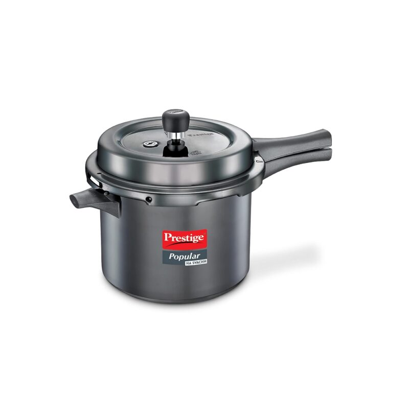 Prestige Popular Svachh Hard Anodised Outer Lid Pressure Cooker (5.0 L, Black, Deep Lid-Controls Spillage), 5 Liter