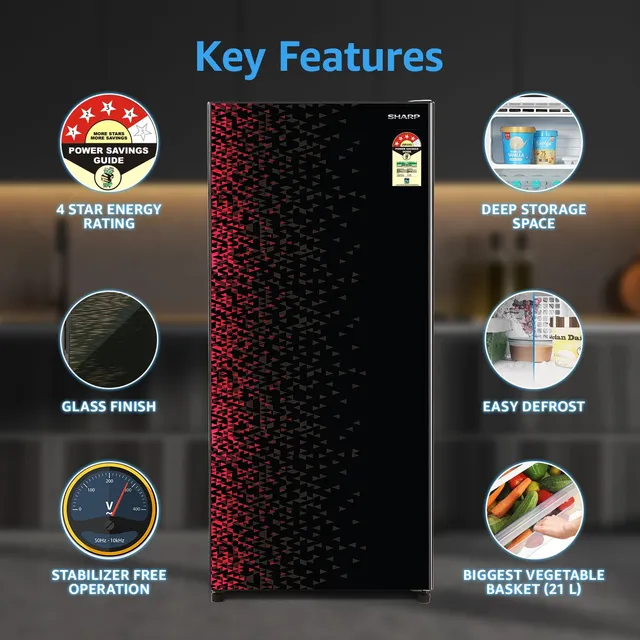 SHARP 193L 4 Star Direct-Cool Single Door Refrigerator I Toughened Glass Door (SJ-G19ST-MR)