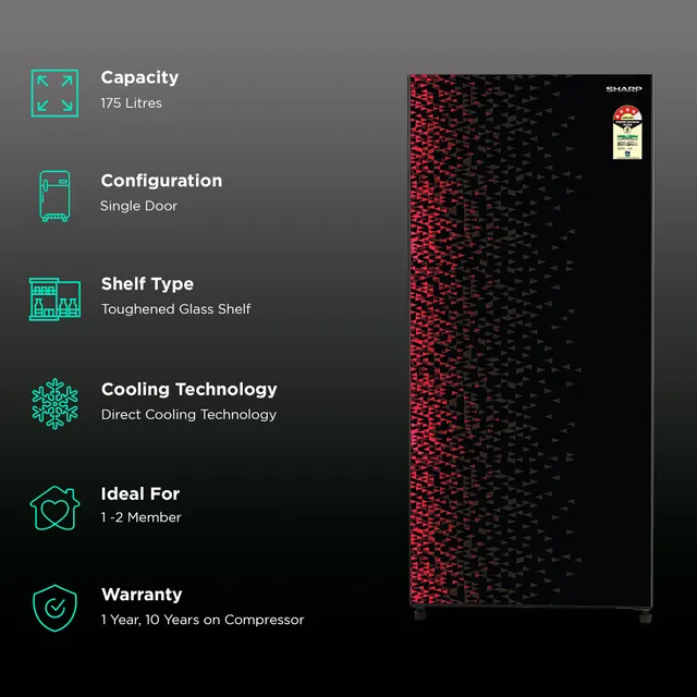 SHARP 193L 4 Star Direct-Cool Single Door Refrigerator I Toughened Glass Door (SJ-G19ST-MR)