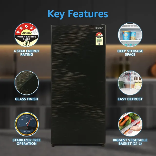SHARP 175L 4 Star Direct Cool Single Door Refrigerator with Inverter Compressor (SJ-G19ST-BK, Black)