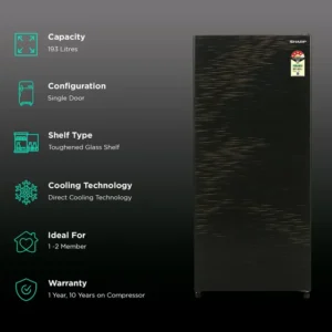 SHARP 175L 4 Star Direct Cool Single Door Refrigerator with Inverter Compressor (SJ-G19ST-BK, Black)