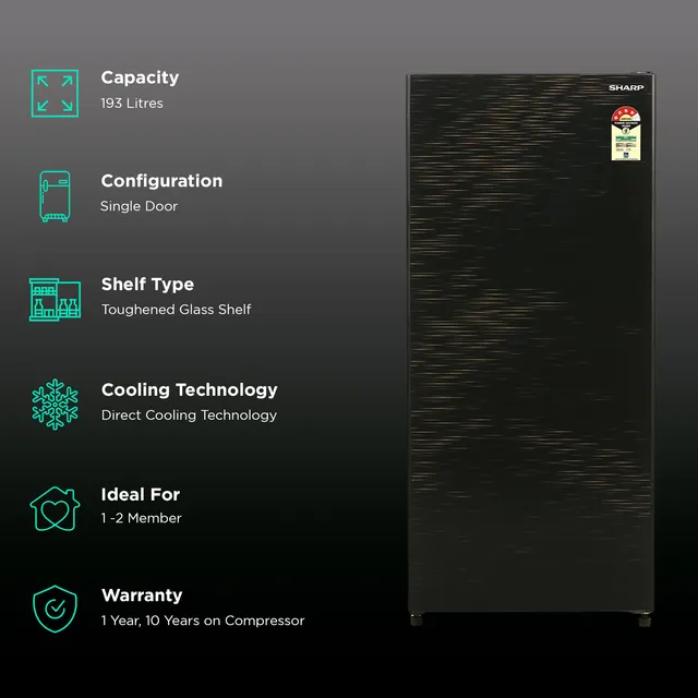 SHARP 175L 4 Star Direct Cool Single Door Refrigerator with Inverter Compressor (SJ-G19ST-BK, Black)