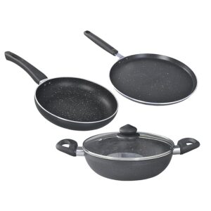 Prestige Omega Deluxe Granite Aluminium 3 Pcs Set- Tawa, Fry Pan  with 1 Glass Lid|Non-Stick|Induction & Gas Compatible|Black