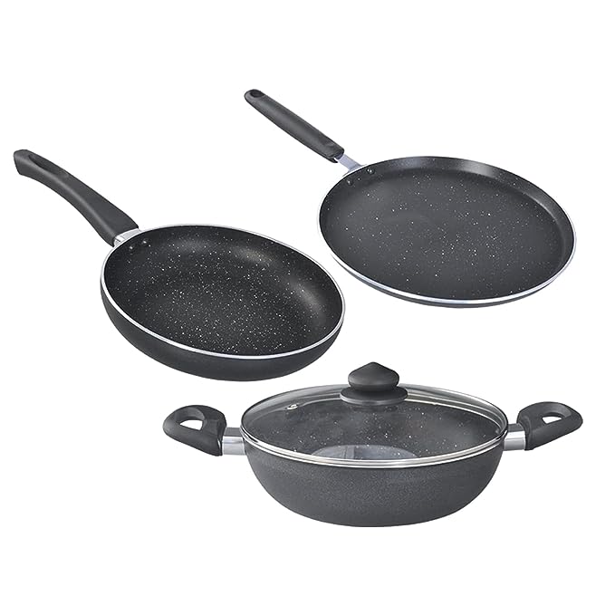 Prestige Omega Deluxe Granite Aluminium 3 Pcs Set- Tawa, Fry Pan  with 1 Glass Lid|Non-Stick|Induction & Gas Compatible|Black
