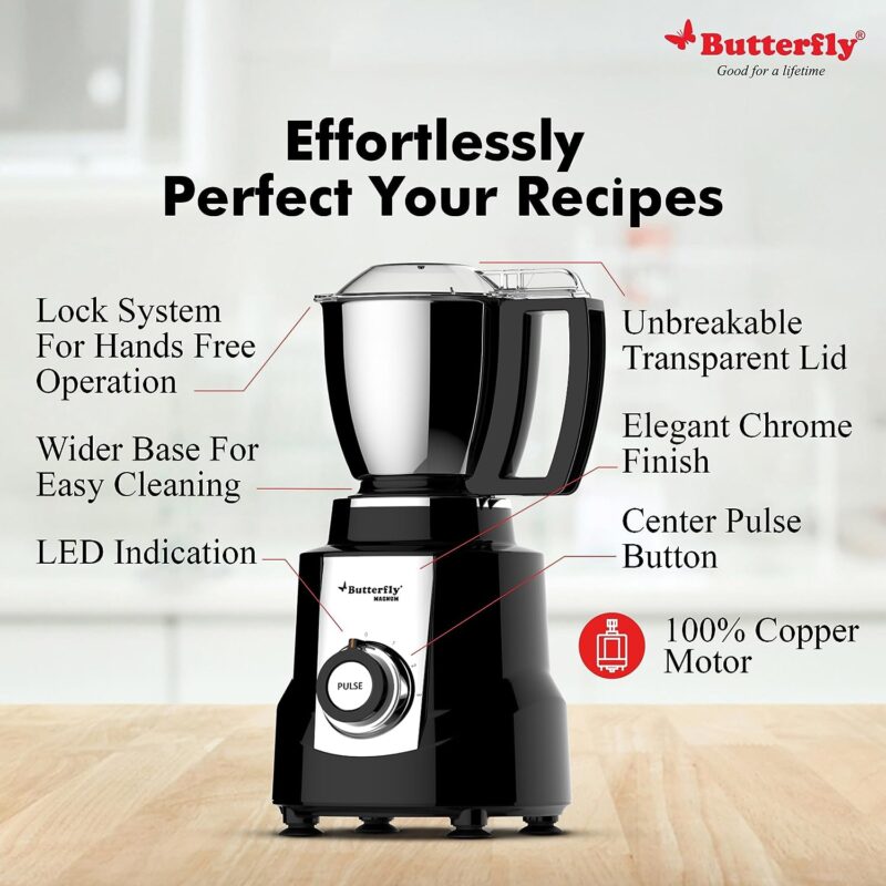 Butterfly Magnum 1.2 Hp Mixer Grinder 4 Jar, 900 Watt, (Black)