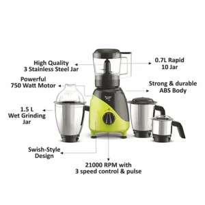 Preethi Peppy Pro MG 247, 750 Watts, 4 Jars with Unique Rapid 10 Chopping Jar(Green/Black)