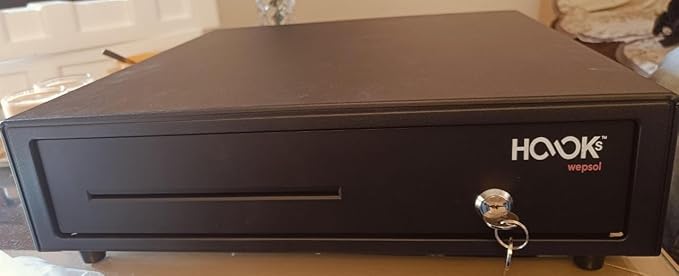 Wepsol Hooks Skoria 405E Cash Drawer, Black, Alloy Steel, Key Lock, 3 Key Positions, 6 Note & 4 Coin Compartment, 410 W X 300 L X 100 H mm, 5E+2 grams, 1 Yr. Warranty