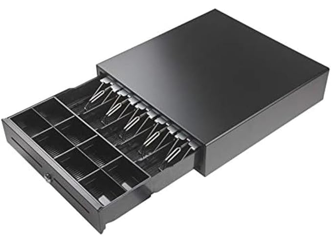 Wepsol Hooks Skoria 405E Cash Drawer, Black, Alloy Steel, Key Lock, 3 Key Positions, 6 Note & 4 Coin Compartment, 410 W X 300 L X 100 H mm, 5E+2 grams, 1 Yr. Warranty