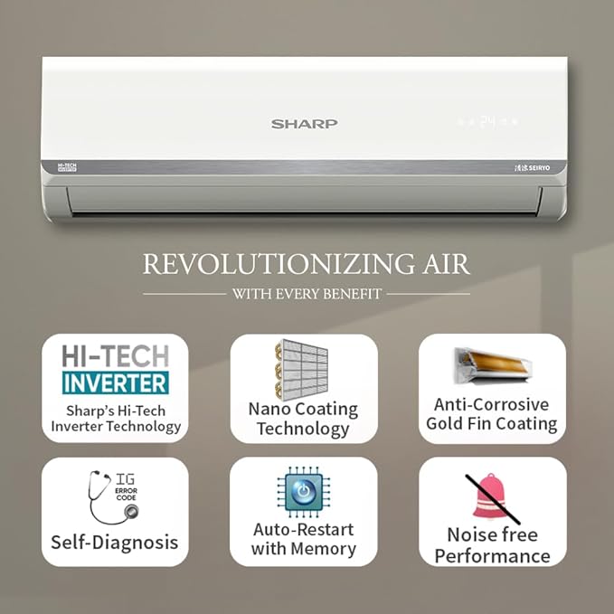 SHARP 1 Ton 3 Star 5-in-1 Convertible, Turbo Cool Technology, Anti-Corrosive Gold Fin Coating, Inverter Split AC, AH-SI12V3B-GC