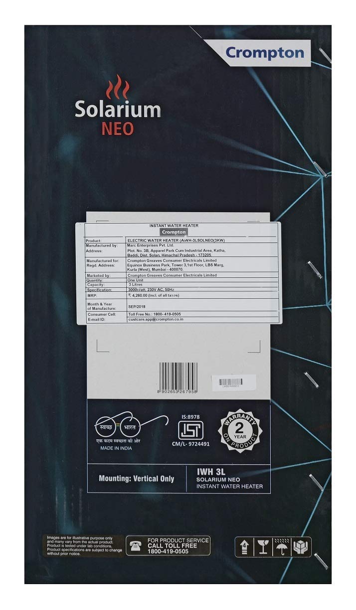 61-p9mOUa6L._SL1225_ Crompton Solarium Neo 3-Litre, 3KW Instant Water Heater/Geyser with Rust Free ABS Body (Ivory)