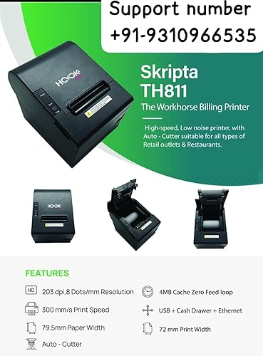 Hooks Skripta TH811 Billing Printer, 203 dpi, 300 mm/s, 79.5 mm Paper Width, Auto-Cutter, 4MB Cache, USB + Cash Drawer + Ethernet Wepsol