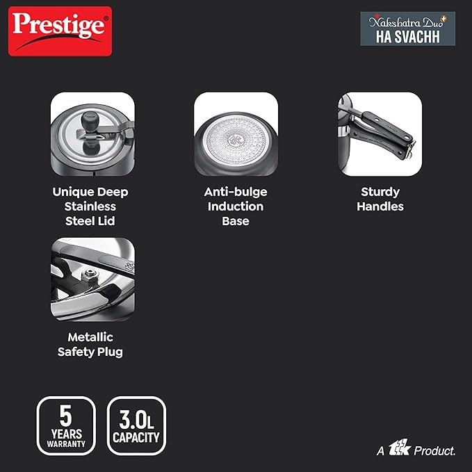 Prestige 3L Nakshatra Duo Plus Svachh Hard Anodised Inner Lid Pressure Cooker (Aluminium)|Deep Stainless Steel lid Controls spillage|Metallic Safety Plug|5 Years Warranty
