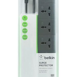 Belkin 6-Socket Surge Protector Universal Socket with 6.5ft (2-Meter) Heavy Duty Cable Overload Protection, Extension Cord Comes with 5 Years Manufacturer Warranty, Grey Color