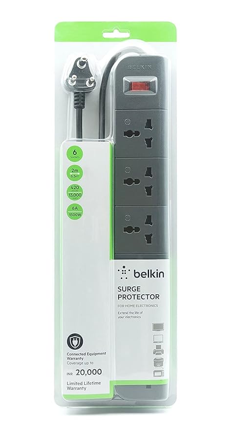 Belkin 6-Socket Surge Protector Universal Socket with 6.5ft (2-Meter) Heavy Duty Cable Overload Protection, Extension Cord Comes with 5 Years Manufacturer Warranty, Grey Color