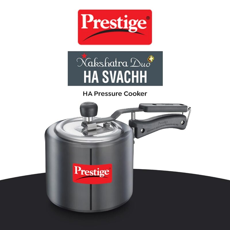 Prestige 3L Nakshatra Duo Plus Svachh Hard Anodised Inner Lid Pressure Cooker (Aluminium)|Deep Stainless Steel lid Controls spillage|Metallic Safety Plug|5 Years Warranty