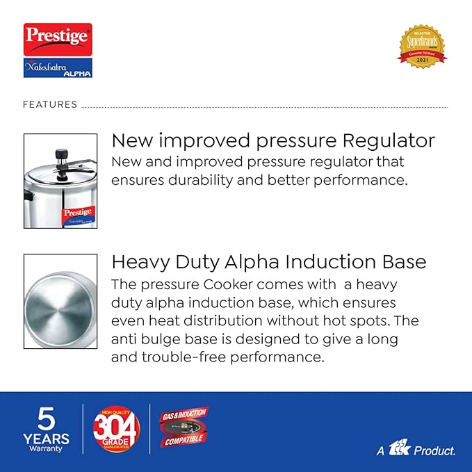 Prestige Nakshatra Alpha Stainless Steel Inner Lid Pressure Cooker, 5 Litres, Stainless Steel, 5 Liter