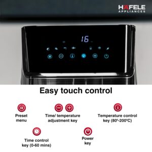 Hafele NOIL 6.3L Digital Air Fryer with 360° Rapid Air Circulation Technology & Touch Panel, Uses 90% Less Oil, 8 Preset Menus, Non-Stick Basket with 6.3 L Capacity,1700W, (Black)