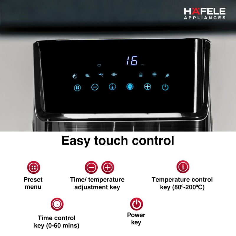 Hafele NOIL 6.3L Digital Air Fryer with 360° Rapid Air Circulation Technology & Touch Panel, Uses 90% Less Oil, 8 Preset Menus, Non-Stick Basket with 6.3 L Capacity,1700W, (Black)