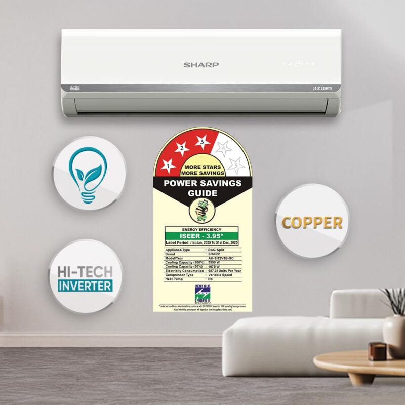 SHARP 1 Ton 3 Star 5-in-1 Convertible, Turbo Cool Technology, Anti-Corrosive Gold Fin Coating, Inverter Split AC, AH-SI12V3B-GC