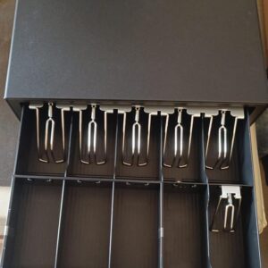 Wepsol Hooks Skoria 405E Cash Drawer, Black, Alloy Steel, Key Lock, 3 Key Positions, 6 Note & 4 Coin Compartment, 410 W X 300 L X 100 H mm, 5E+2 grams, 1 Yr. Warranty