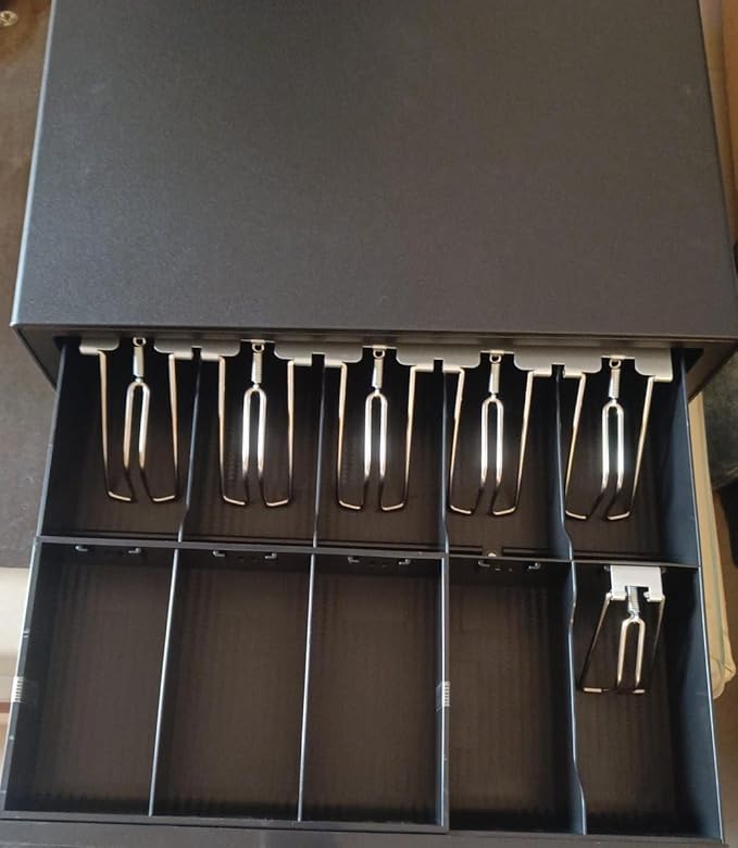 Wepsol Hooks Skoria 405E Cash Drawer, Black, Alloy Steel, Key Lock, 3 Key Positions, 6 Note & 4 Coin Compartment, 410 W X 300 L X 100 H mm, 5E+2 grams, 1 Yr. Warranty