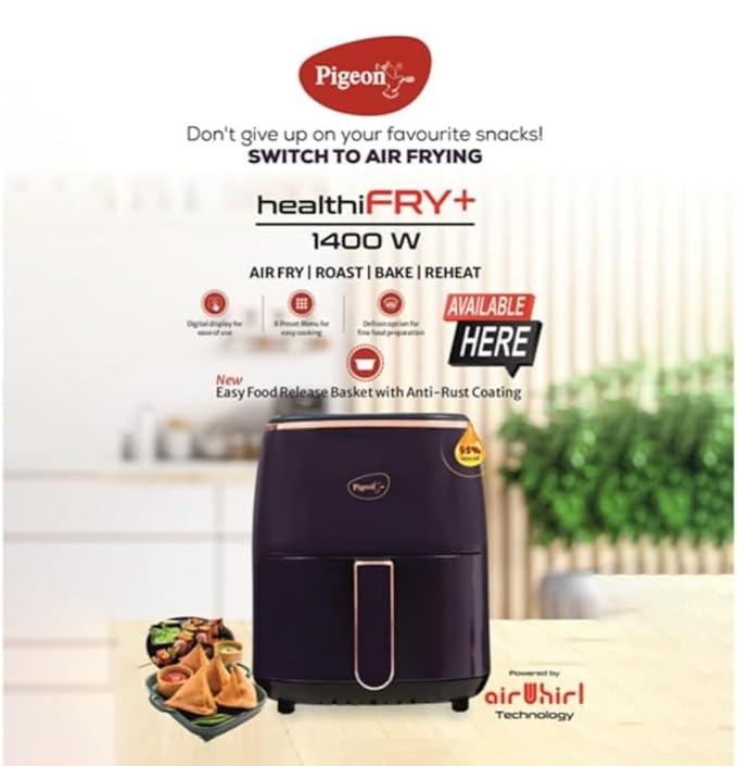 Pigeon Healthifry Plus Digital Air Fryer, 360° High Speed Air Circulation Technology 1400 W with Non-Stick 4.2 L Basket - Purple