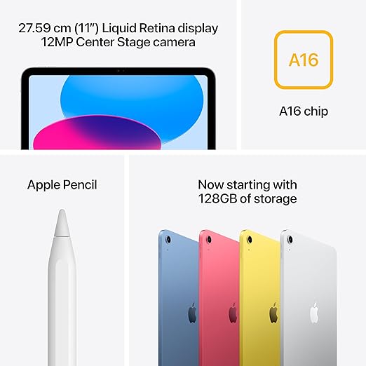 Apple iPad 11″: A16 chip, 27.69 cm (11″) Model, Liquid Retina Display, 128GB, Wi-Fi 6, 12MP Front/12MP Back Camera, Touch ID, All-Day Battery Life