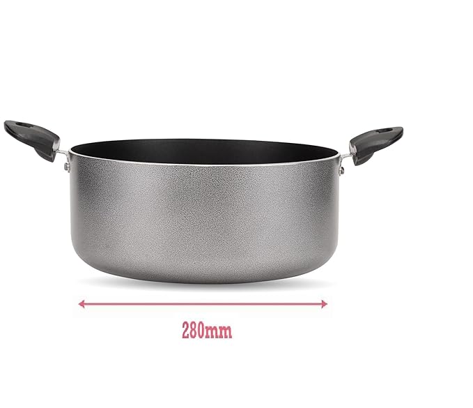 NAVRANG Nonstick Biryani & Stew Pot – 7.7 Litre with Glass Lid | 28 cm Multipurpose Aluminum Cooking Handi | Non-Induction | Grey