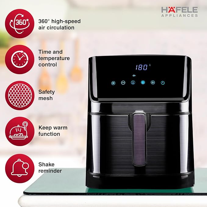 Hafele NOIL 6.3L Digital Air Fryer with 360° Rapid Air Circulation Technology & Touch Panel, Uses 90% Less Oil, 8 Preset Menus, Non-Stick Basket with 6.3 L Capacity,1700W, (Black)