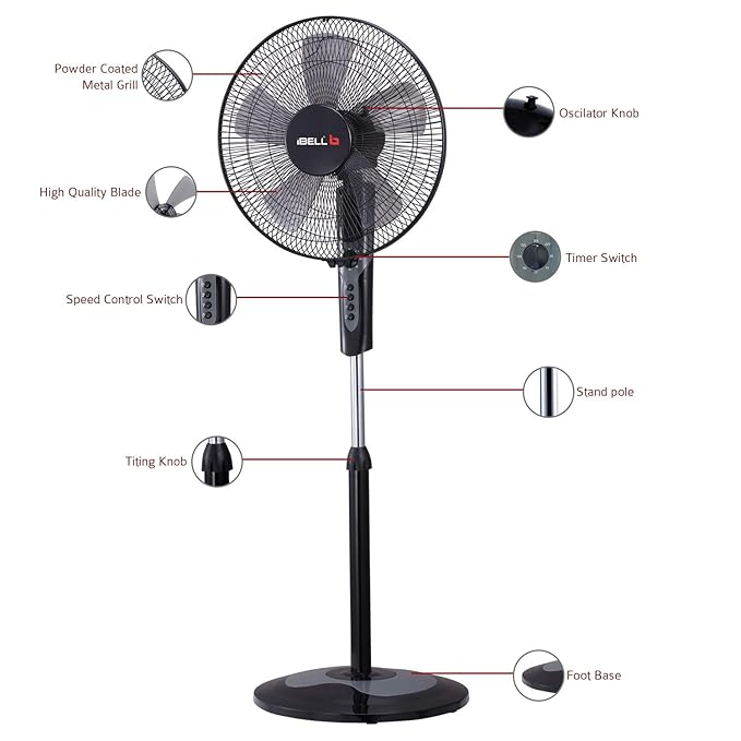 IBELL CHROME10 5 Leaf Pedestal Fan with Timer. High Speed motor - Black