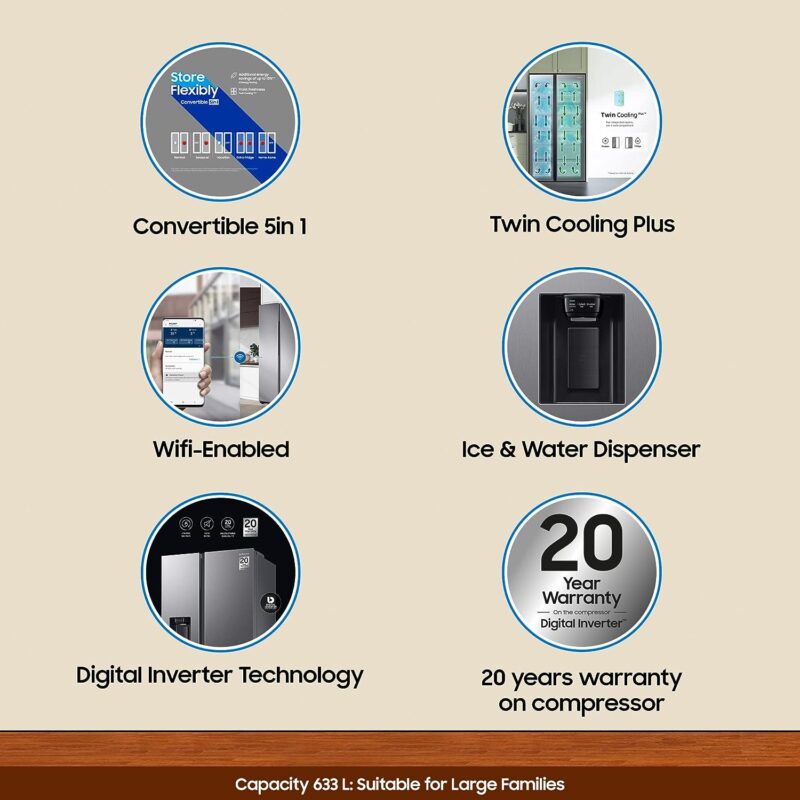 71EPD2xAPL._SL1500_ Samsung 633 L Frost Free Convertible 5In1, Digital Inverter Wi-Fi Enabled Side by Side Refrigerator (RS78CG8543SLHL)
