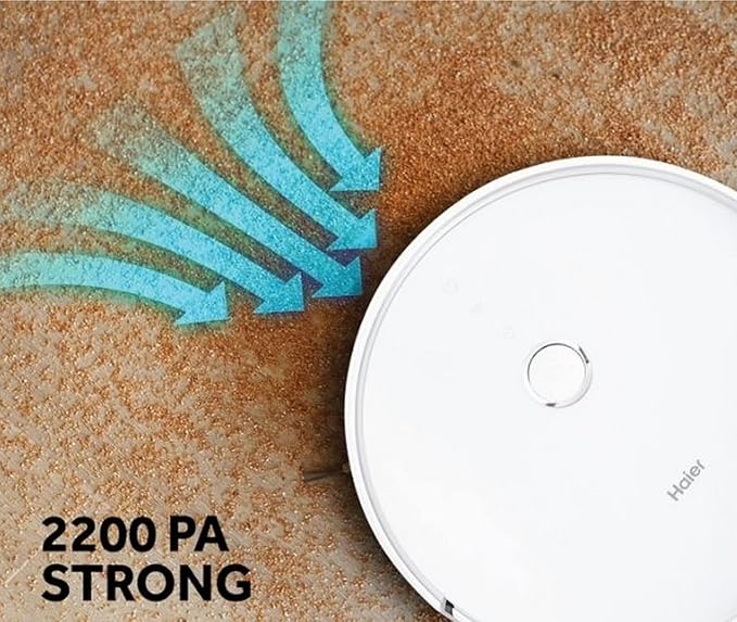 Haier Robot Vacuum Cleaner with Wet Mopping, 2-in-1 with App & Voice Control, Auto Recharge, Strong 2200 PA Suction, and Long Life 2600 Battery, 1.6 Hours, Silver