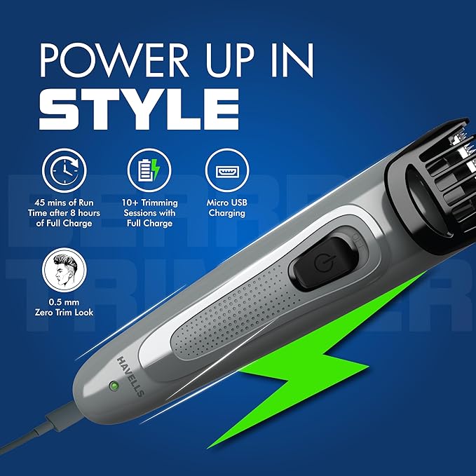 Havells Bt5100C Rechargeable Beard Trimmer with Hypoallergenic Blades; Zero Trim with 0.5 Mm Precision;Upto 17Mm Length Setting for All Styles; 45 Min Runtime,Battery Powered Black & (Grey)-Men