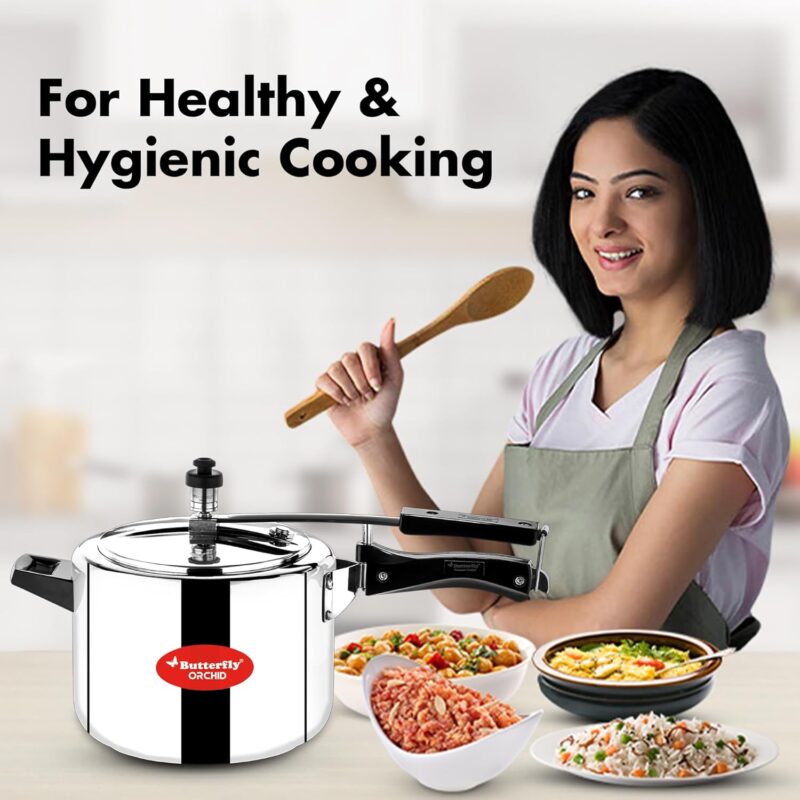 Butterfly Orchid 5 Litres Pressure Cookers | Inner Lid | Superior Stainless Steel | Induction & Gas Stove Compatible | ISI Certified | 5 Years Manufacturer's Warranty | Silver