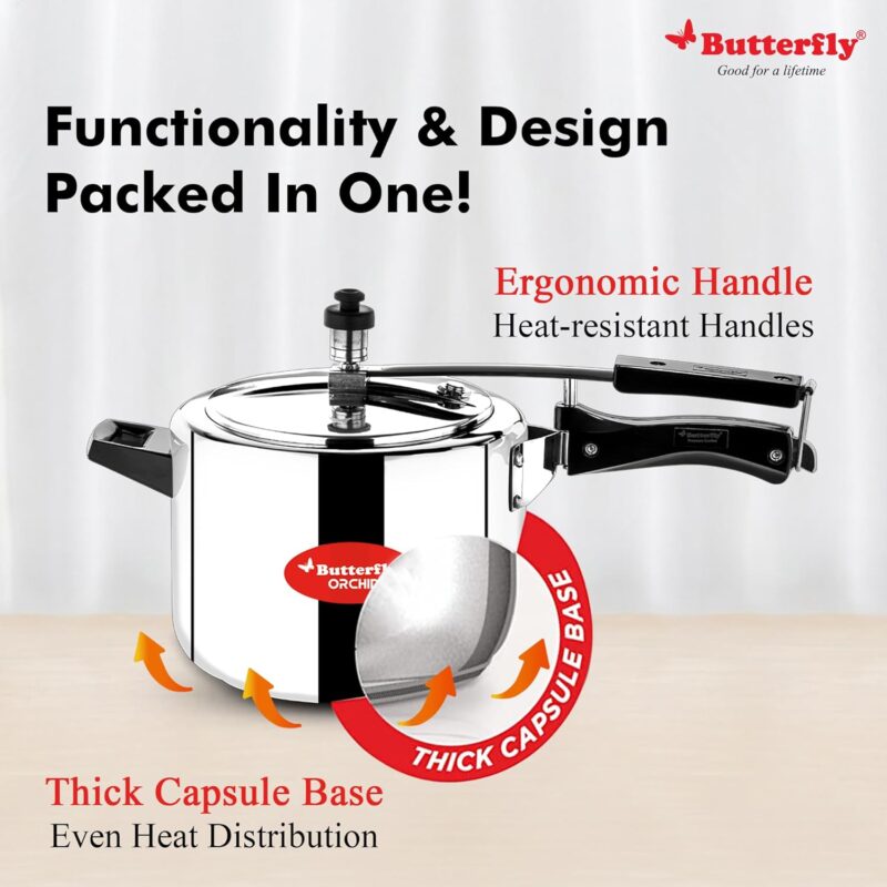 Butterfly Orchid 5 Litres Pressure Cookers | Inner Lid | Superior Stainless Steel | Induction & Gas Stove Compatible | ISI Certified | 5 Years Manufacturer's Warranty | Silver