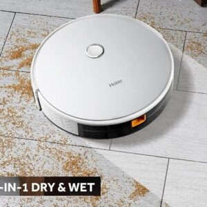 Haier Robot Vacuum Cleaner with Wet Mopping, 2-in-1 with App & Voice Control, Auto Recharge, Strong 2200 PA Suction, and Long Life 2600 Battery, 1.6 Hours, Silver