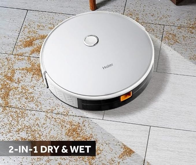 Haier Robot Vacuum Cleaner with Wet Mopping, 2-in-1 with App & Voice Control, Auto Recharge, Strong 2200 PA Suction, and Long Life 2600 Battery, 1.6 Hours, Silver
