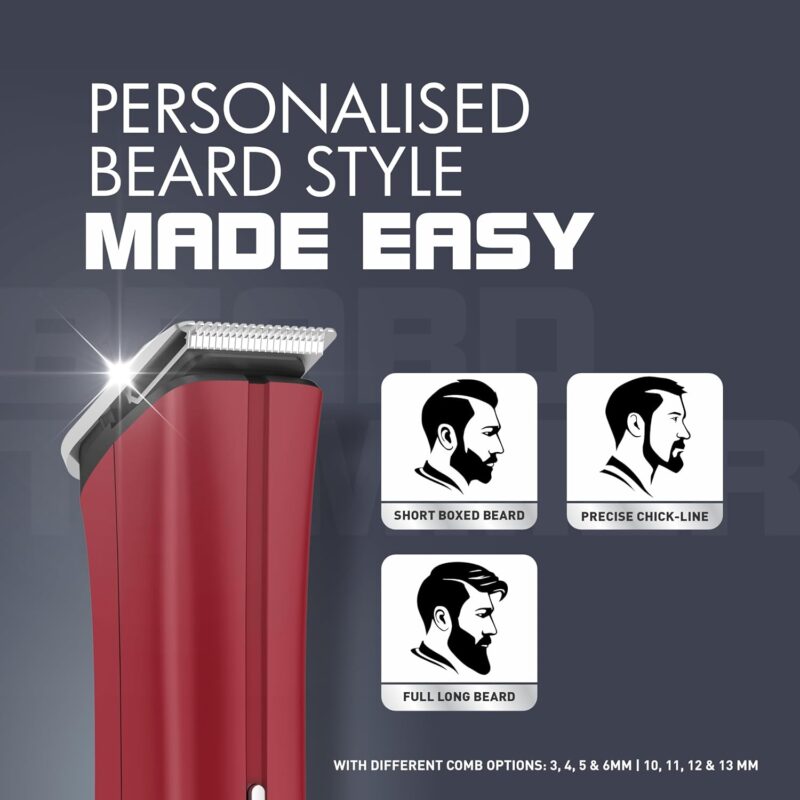 Havells Bt6111 Beard Trimmer, Skin Firendly Stainless Steel Blades 90 Mins Runtime Up To 13 Mm Length Settings 2 Years Guarantee (Red)-Battery Powered, Men