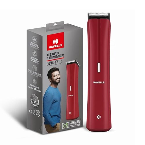 71cbjMgIIaL._SX679_ Havells Bt6111 Beard Trimmer, Skin Firendly Stainless Steel Blades 90 Mins Runtime Up To 13 Mm Length Settings 2 Years Guarantee (Red)-Battery Powered, Men