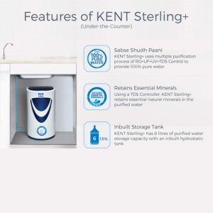 KENT Sterling Plus RO Water Purifier | 4 Years Free Service | ISI Marked | Multiple Purification Process |RO + UV + UF + TDS Control | 6L Tank | 20 LPH Flow | Under the Counter | White