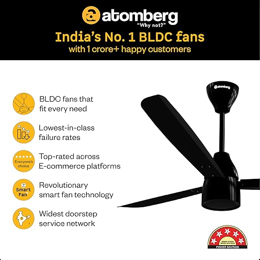 atomberg Renesa Prime 1200mm BLDC Ceiling Fan Compatible with Regulators | Without Remote | BEE 5 star Rated Energy Efficient Ceiling Fan | High Air Delivery (Gloss Black)