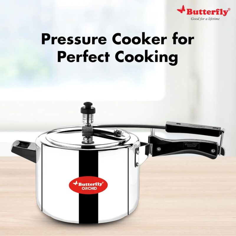 Butterfly Orchid 5 Litres Pressure Cookers | Inner Lid | Superior Stainless Steel | Induction & Gas Stove Compatible | ISI Certified | 5 Years Manufacturer's Warranty | Silver