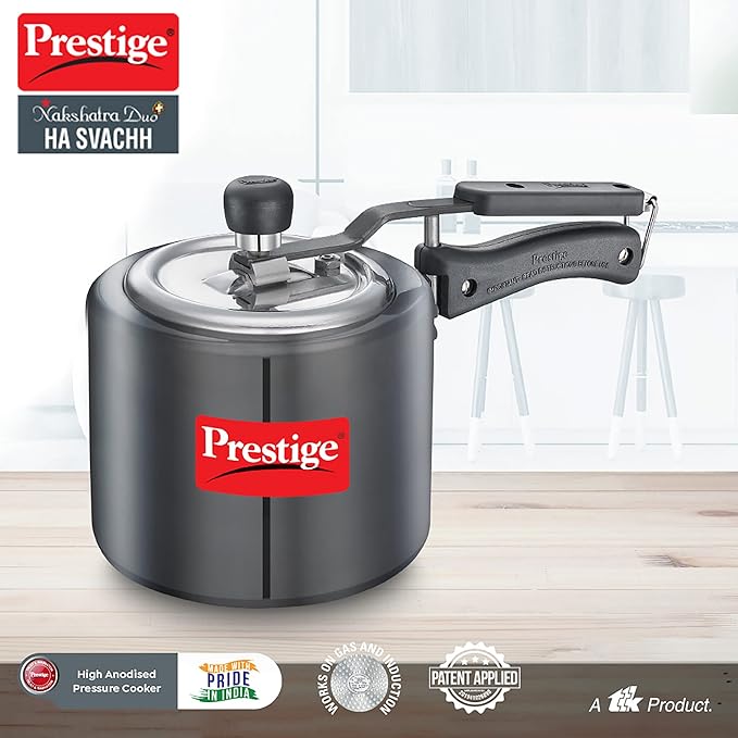 Prestige 3L Nakshatra Duo Plus Svachh Hard Anodised Inner Lid Pressure Cooker (Aluminium)|Deep Stainless Steel lid Controls spillage|Metallic Safety Plug|5 Years Warranty
