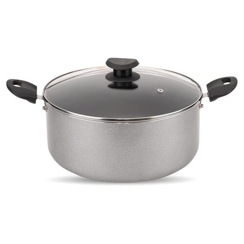 NAVRANG Nonstick Biryani & Stew Pot – 7.7 Litre with Glass Lid | 28 cm Multipurpose Aluminum Cooking Handi | Non-Induction | Grey