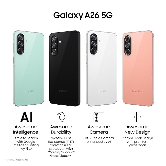 Samsung Galaxy A26 5G (Awesome White, 8GB, 128GB) | Awesome Intelligence (AI) | Circle to Search | Gemini Live | FHD+ sAMOLED Display | 50MP OIS Camera | IP67 Rated