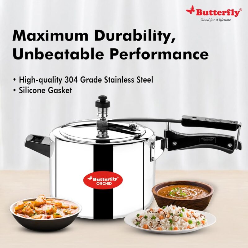 Butterfly Orchid 5 Litres Pressure Cookers | Inner Lid | Superior Stainless Steel | Induction & Gas Stove Compatible | ISI Certified | 5 Years Manufacturer's Warranty | Silver