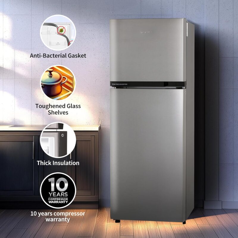 SHARP 265 L Frost Free Double Door 2 Star Refrigerator |Japan 7 Shield Protection|Hi-Tech Inverter | (Silver Hairline, SJ-FF305V2-PSH)
