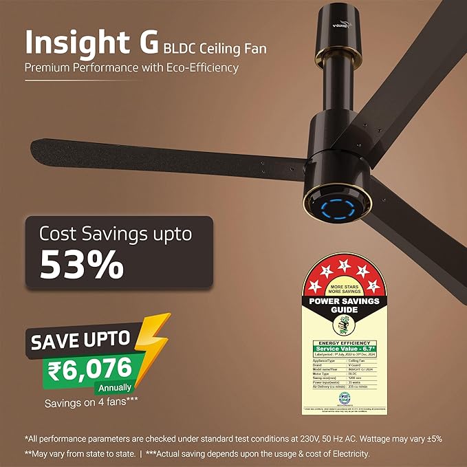 V-Guard Insight-G Premium Bldc Ceiling Fan For Home | 6 Speed Settings | 5 stars Energy Saving | Convenient Remote Control | High-Speed 100% Copper Motor | 1.2M